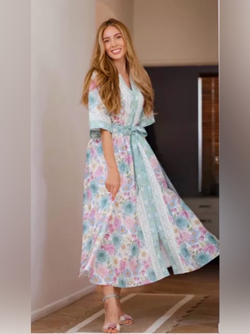 Hermoza Alessia collared maxi dress Floral Mint Midi Dress with Belt Sz XS - Picture 2 of 7